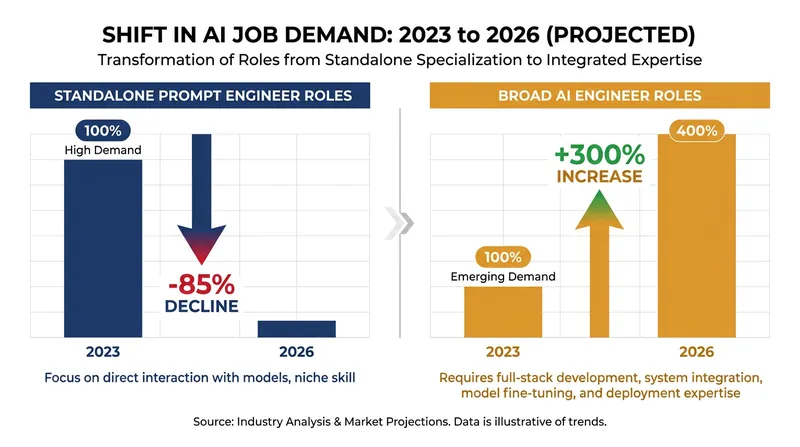 While standalone prompt engineering roles have plummeted, demand for comprehensive AI system engineers has surged.