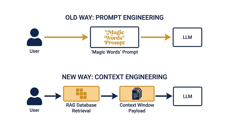 Modern AI development focuses on the data payload (context) rather than the specific phrasing of the instruction.