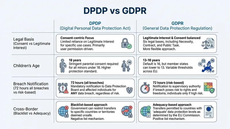 Key divergences between India's DPDP Act and Europe's GDPR.