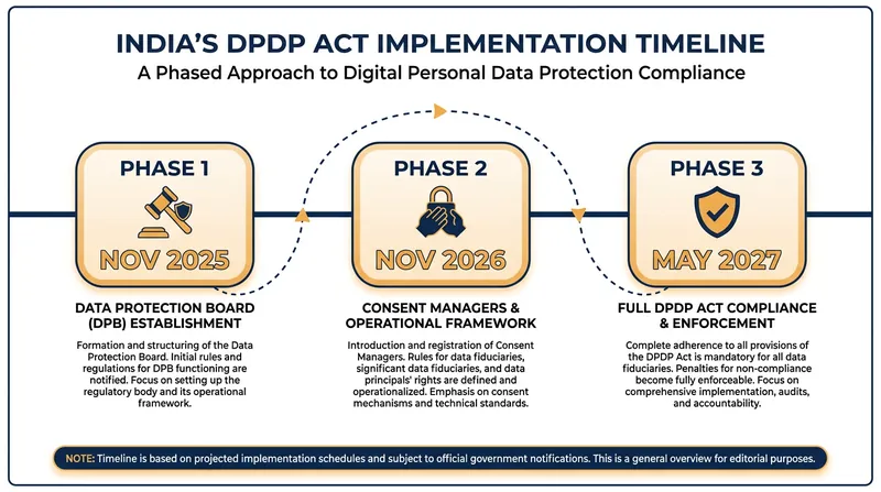 The DPDP Act's three-phase implementation timeline.