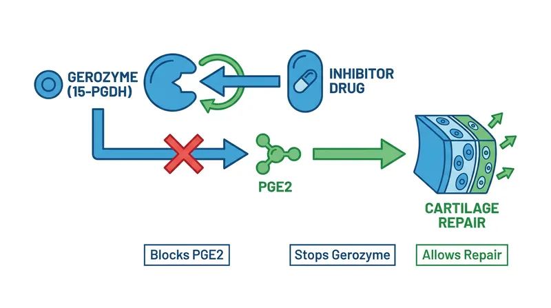 By blocking the 15-PGDH gerozyme, the new treatment allows the body's natural repair molecules to regenerate cartilage.