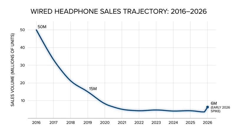 After years of decline following the removal of the smartphone headphone jack, wired audio revenue surged by 20% in early 2026.