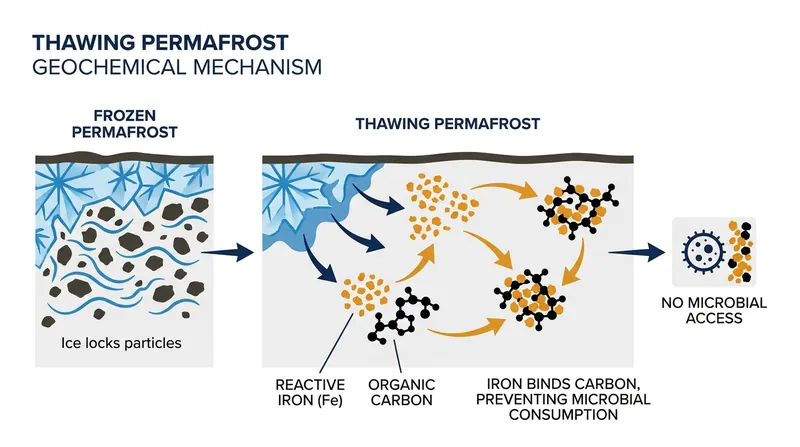 How mineral-organic complexation traps carbon: Reactive iron acts as a chemical sponge, binding organic matter before microbes can convert it to greenhouse gases.