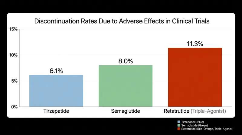 The unprecedented potency of retatrutide comes with a higher rate of adverse side effects, leading to more trial discontinuations.