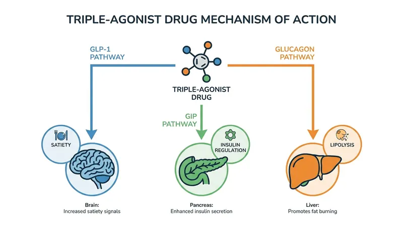 Unlike earlier drugs, retatrutide adds glucagon receptor agonism, which actively signals the liver to burn stored fat.