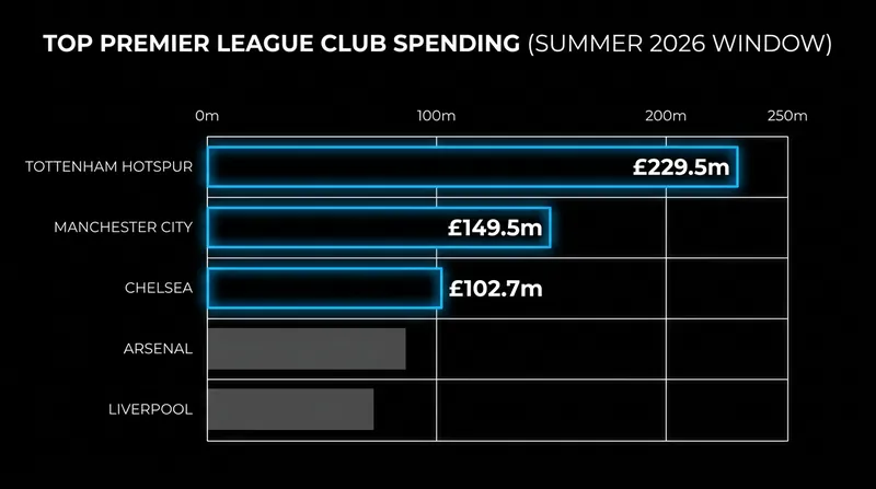 Tottenham Hotspur currently leads the Premier League in total summer transfer expenditure.