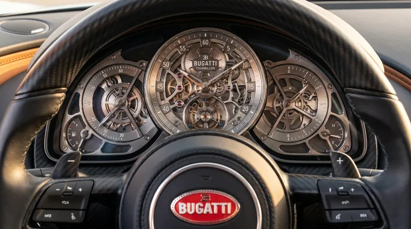 Designed with the expertise of Swiss watchmakers, the Tourbillon's analog instrument cluster is a deliberate rejection of modern digital screens.