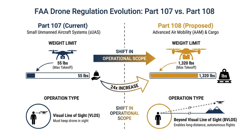 Part 108 dramatically increases the allowable weight for commercial drones, enabling heavy-lift industrial operations.