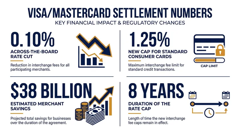 The core financial terms of the revised Visa and Mastercard swipe fee settlement.