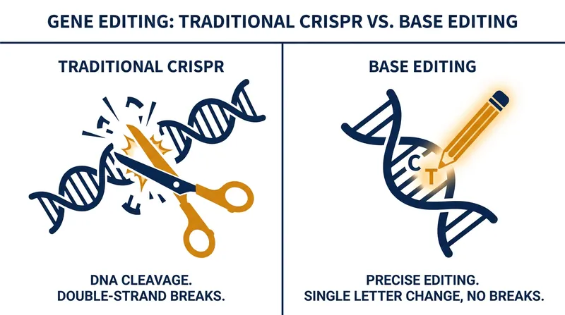 Unlike traditional CRISPR, base editing chemically alters DNA without severing the double helix.