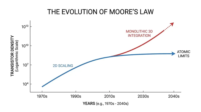 Monolithic 3D integration offers a physical pathway to sustain the exponential growth predicted by Moore's Law.
