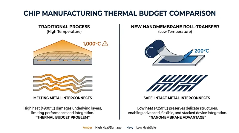 The new roll-transfer process operates well below the thermal limits that previously destroyed underlying circuit layers.