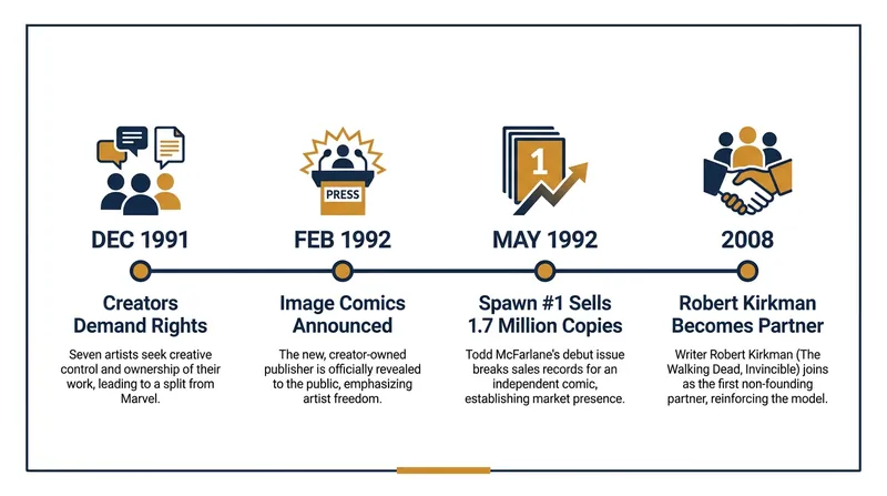 The timeline of the 1992 'X-odus' and the evolution of Image Comics.