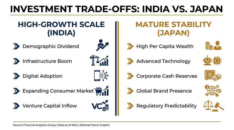 Global capital must weigh India's rapid volume growth against Japan's highly predictable, affluent consumer base.