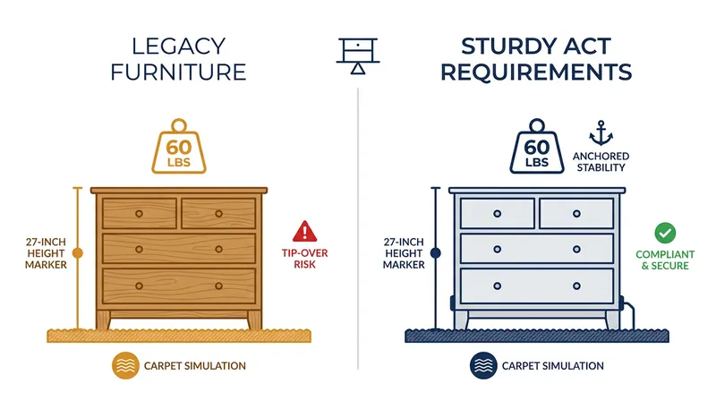 The STURDY Act requires clothing storage units to pass rigorous dynamic force tests simulating a climbing child.
