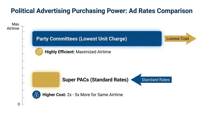 Because parties qualify for the 'lowest unit charge,' their advertising dollars go significantly further than those of Super PACs.