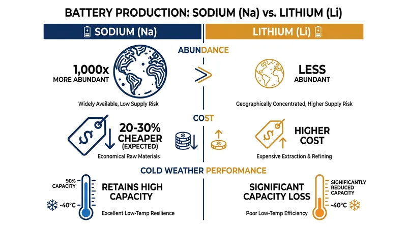 While heavier than lithium, sodium offers massive advantages in abundance and extreme-weather performance.