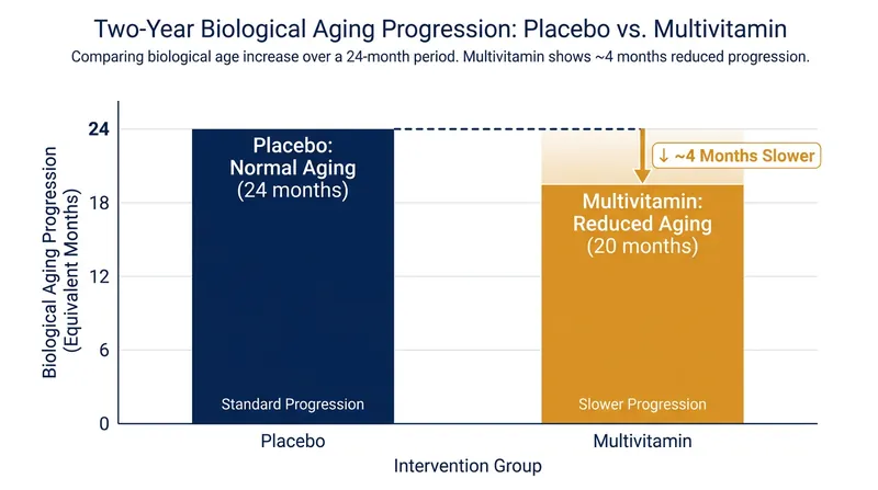 Participants taking a daily multivitamin showed a statistically significant reduction in their rate of biological aging compared to the placebo group.