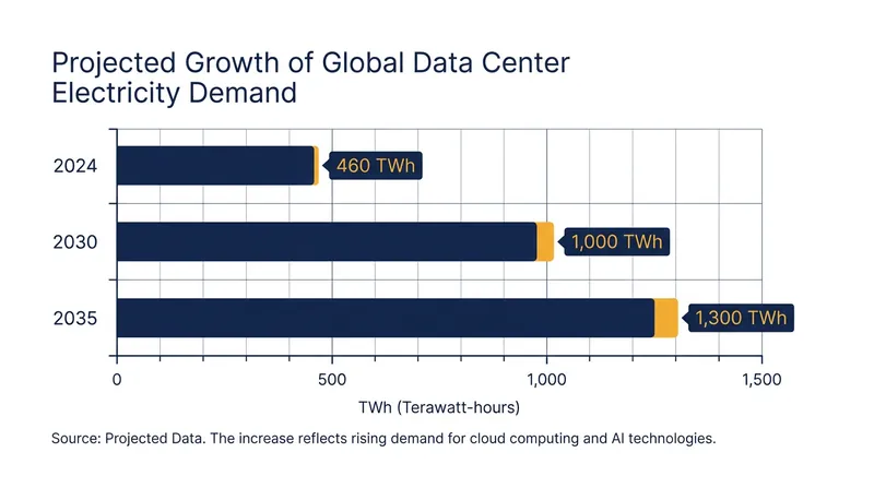 Global data center electricity demand is projected to nearly triple by 2035, driven by AI workloads.