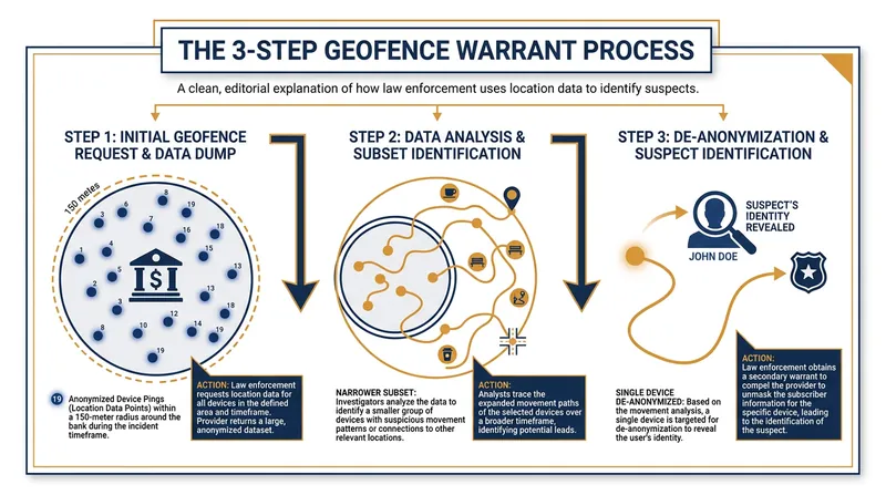 How the three-step geofence warrant operated in the Chatrie case.