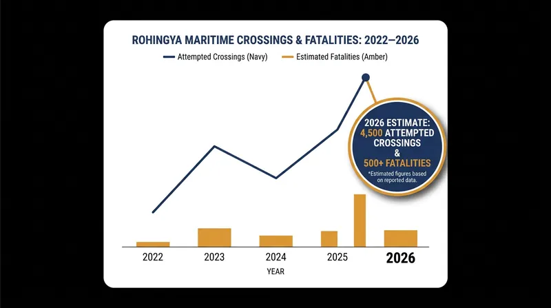 Maritime crossings and recorded fatalities among Rohingya refugees have surged as camp conditions deteriorate.