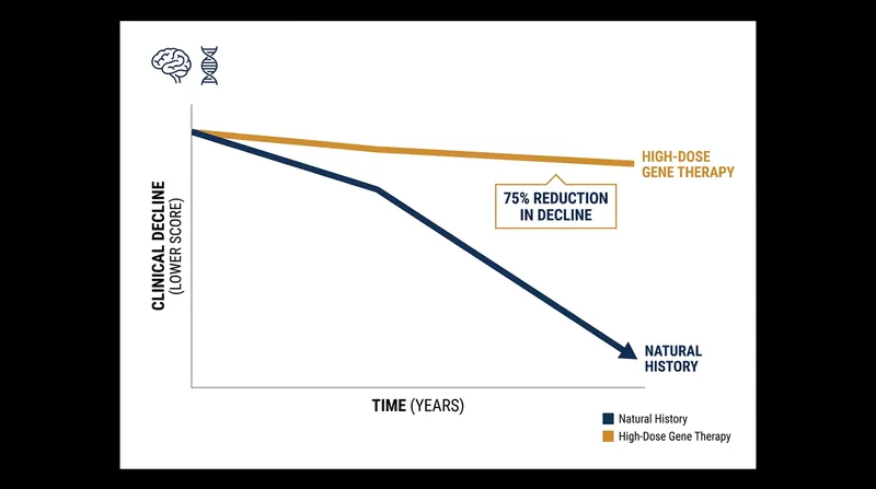 Patients receiving the high dose of the therapy experienced a 75% slowing in clinical decline over 24 months.