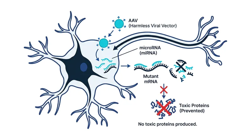 The therapy uses a viral vector to deliver microRNA that intercepts the genetic instructions for the toxic huntingtin protein.