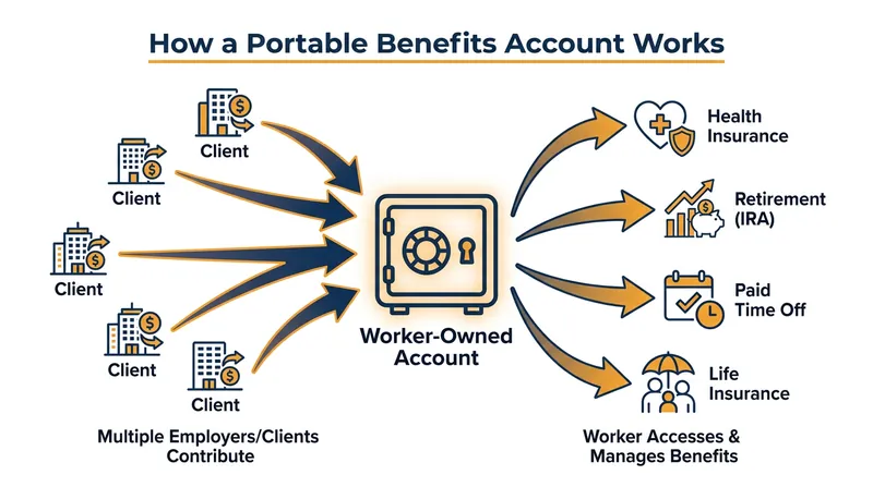 Portable benefits accounts follow the worker from gig to gig and can be funded by multiple clients.