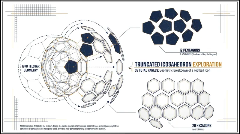 The 1970 Telstar introduced the 32-panel truncated icosahedron, maximizing television visibility and sphericity.