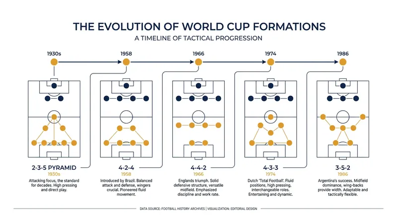 The evolution of the standard football formation across World Cup history.