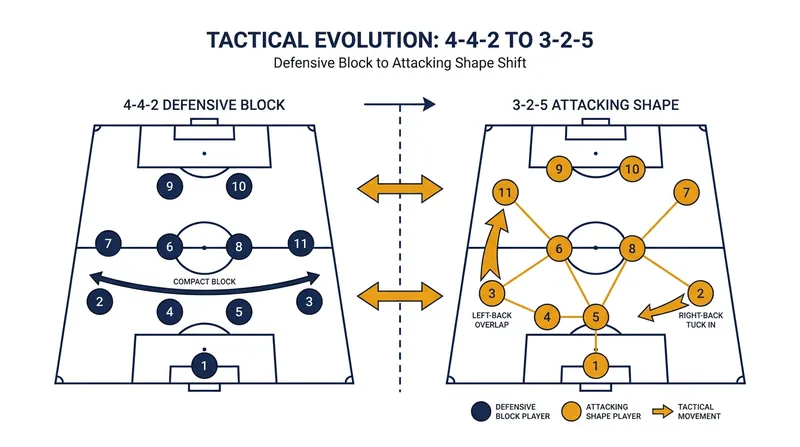 The USMNT utilizes a fluid system, defending in a compact 4-4-2 before expanding into a 3-2-5 shape in possession.