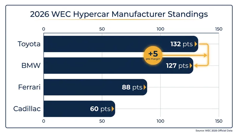 Toyota holds a razor-thin five-point advantage over BMW in the manufacturer standings.