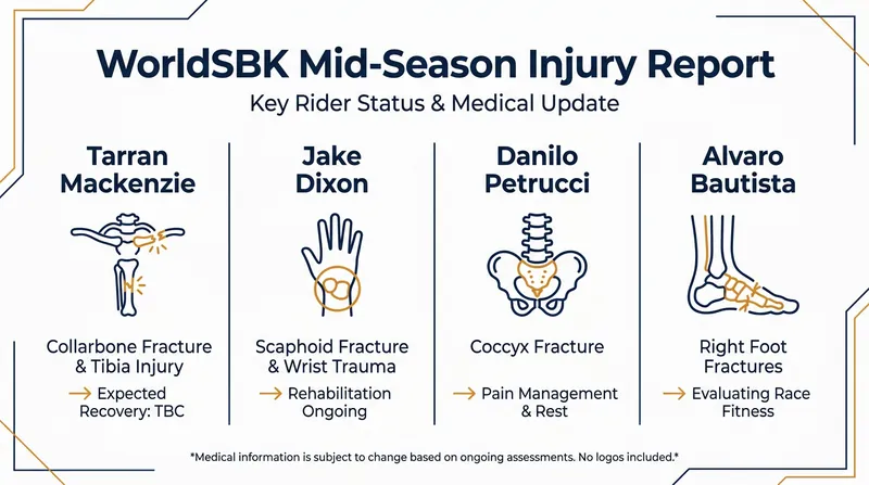 A summary of the major injuries sustained by WorldSBK riders in the first half of the 2026 season.