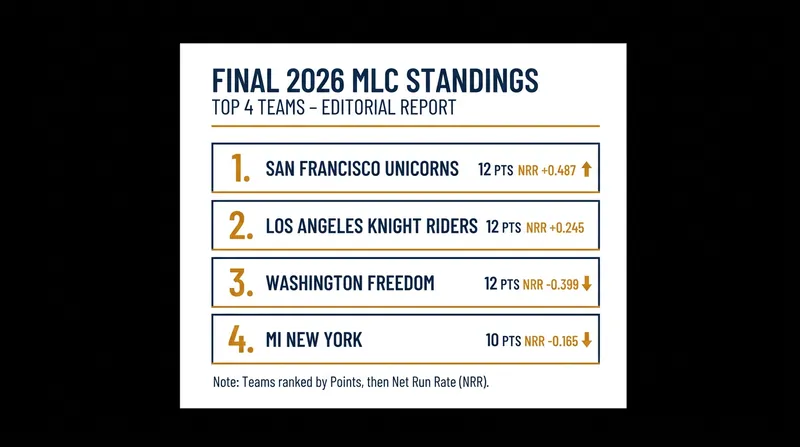 Final 2026 Major League Cricket playoff standings.