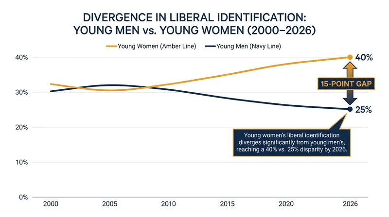Gallup polling shows young women identifying as liberal at record highs, while young men have remained largely stationary.