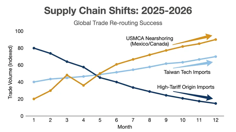 Companies are rapidly shifting their sourcing to USMCA partners and specialized tech hubs to optimize their tariff exposure.