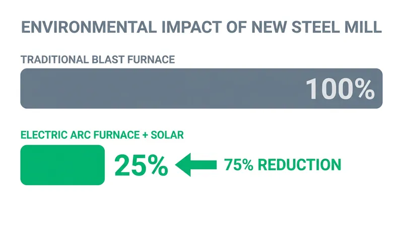 The combination of EAF technology and on-site solar power drastically reduces the carbon footprint of heavy steel manufacturing.