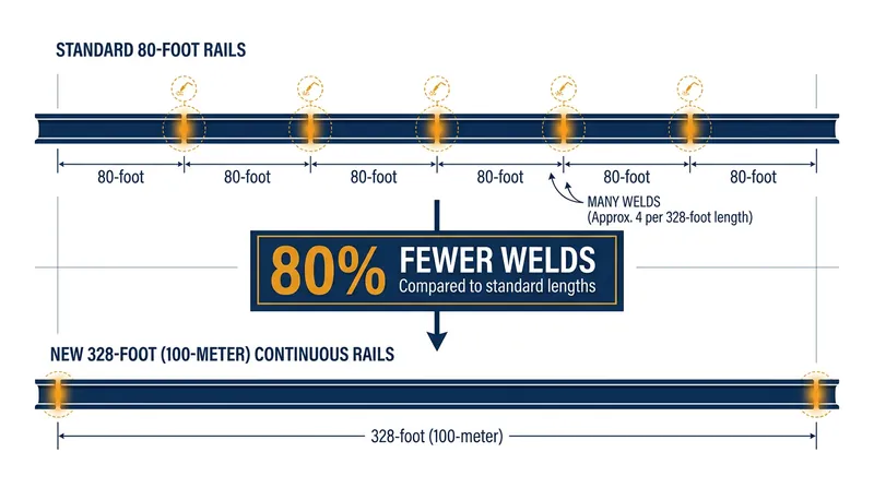 By quadrupling the length of a single rail segment, the new manufacturing process eliminates 80 percent of track welds.
