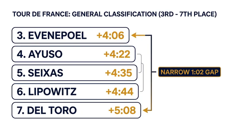 Just over one minute separates five riders in the fight for the final step on the Paris podium.