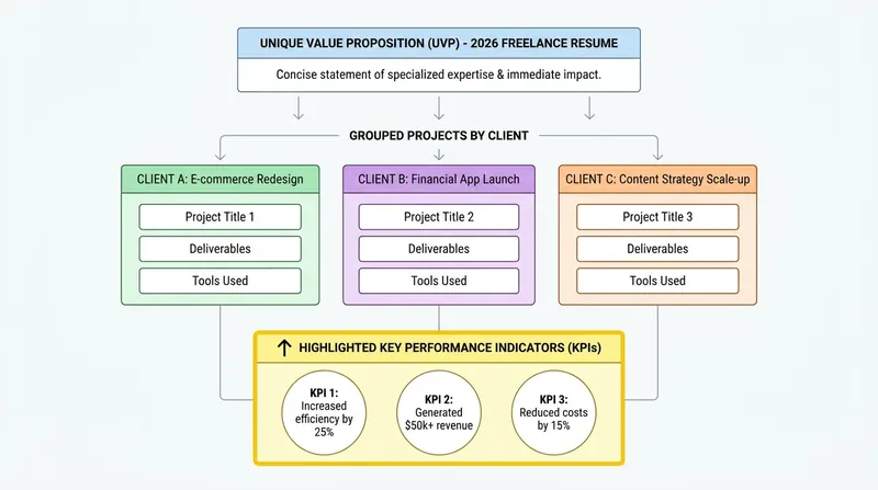 The modern freelance resume replaces chronological job histories with skills-based groupings and quantifiable results.