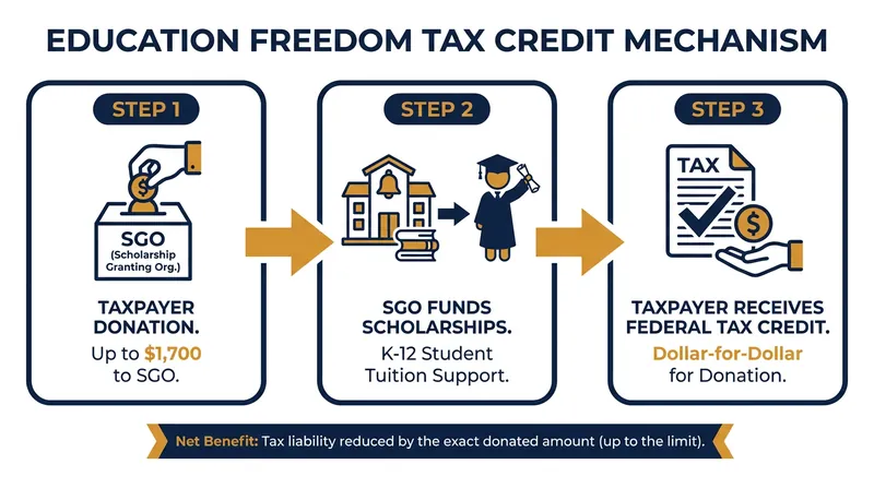 How the dollar-for-dollar federal tax credit flows from donors to students.
