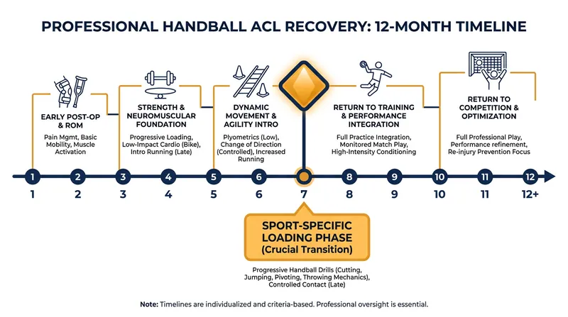 The standard 9-to-12-month timeline for ACL rehabilitation in elite handball.