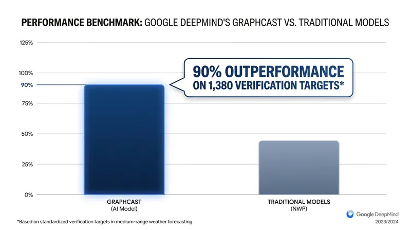 In peer-reviewed benchmarks, leading AI models outperform traditional systems on the vast majority of standard weather variables.