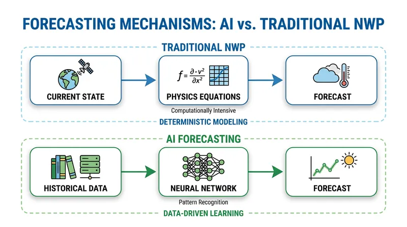 Unlike traditional models that solve fluid dynamics equations, AI models learn atmospheric patterns directly from decades of historical data.