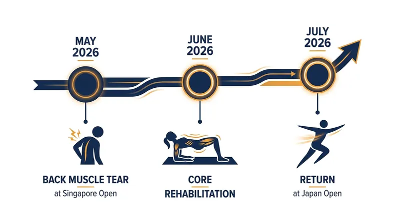Timeline of Kunlavut Vitidsarn's recovery from a torn back muscle.
