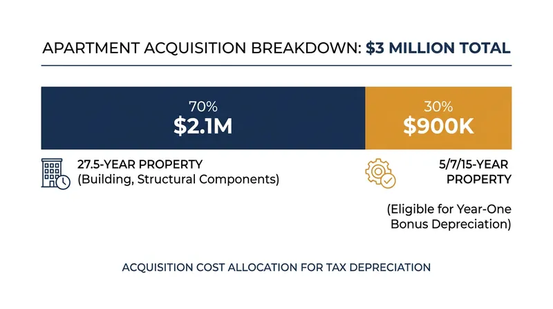 A standard cost segregation study can reclassify up to 30% of a property's purchase price into short-lived assets eligible for immediate deduction.