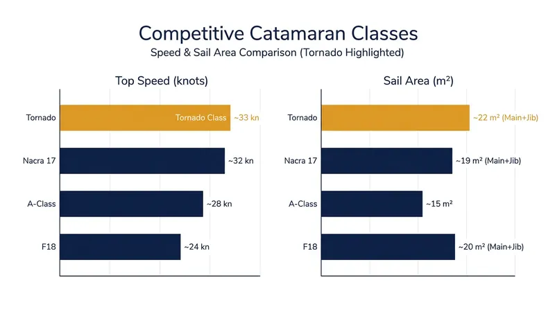 The Tornado's massive sail area provides blistering speed but requires a highly coordinated crew to prevent capsizing in heavy air.