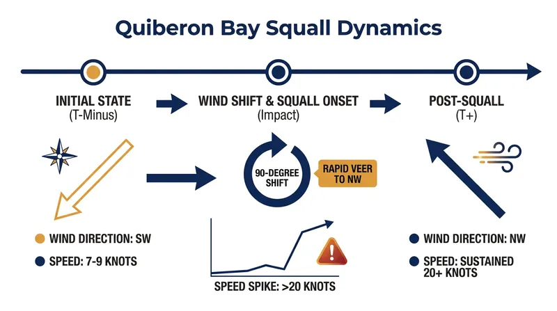 A sudden 90-degree wind shift caught the fleet off guard, instantly spiking wind speeds to over 20 knots.