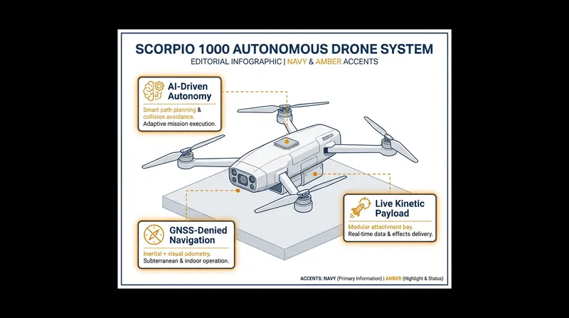 The SCORPIO 1000 system utilizes AI to navigate and strike targets without continuous human input.