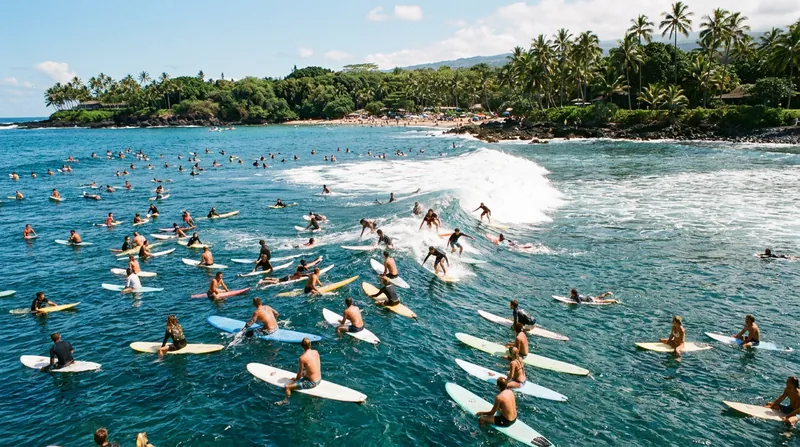 Crowded freesurf lineups present a constant hazard for Championship Tour athletes practicing outside of the secured competition zone.